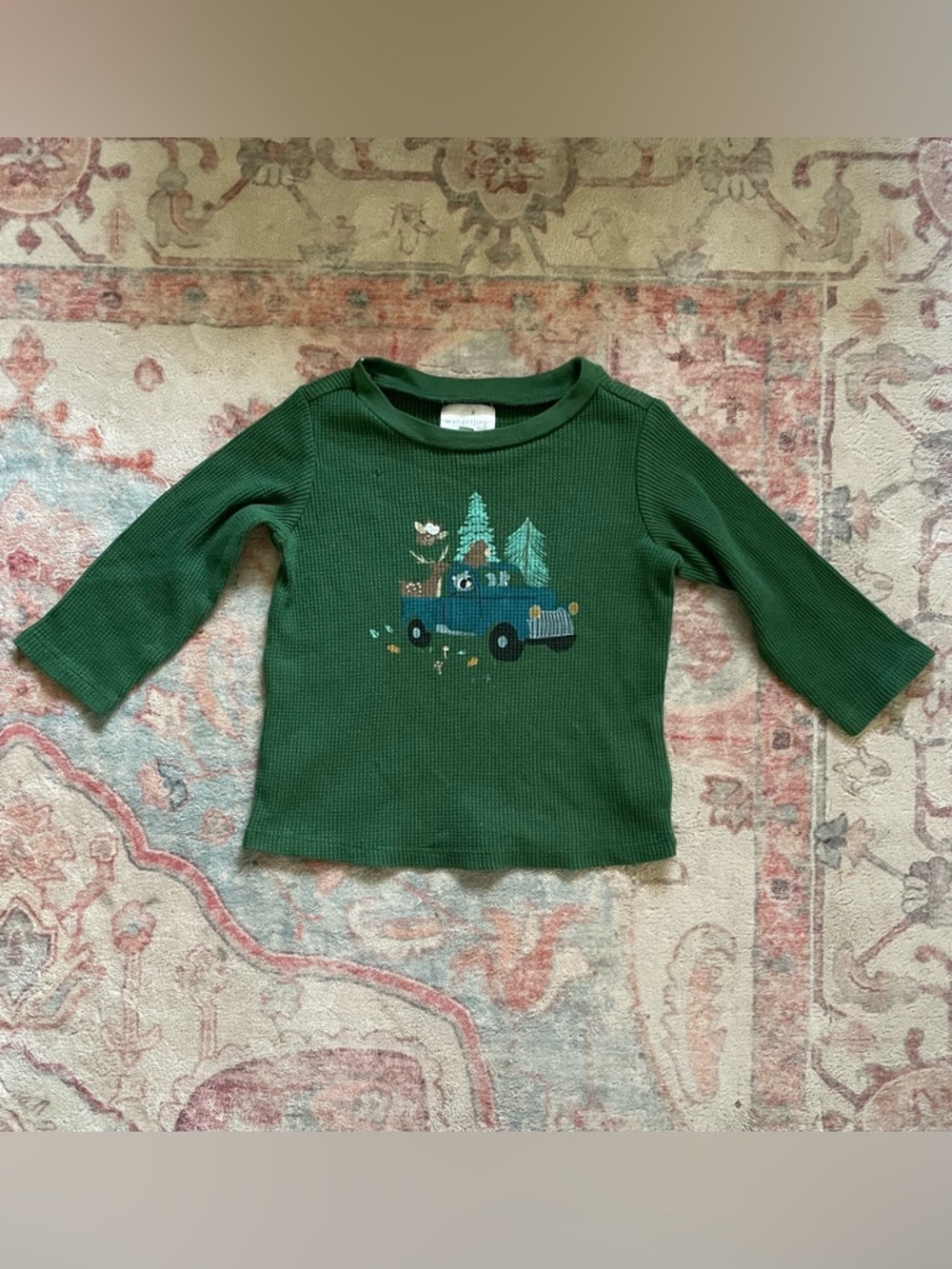 Forest Green Kids Long-Sleeve Waffle Tee with Truck Graphic